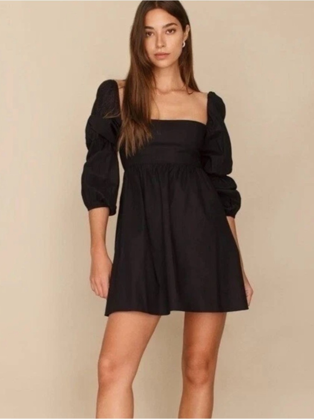 Reformation Michaela Long Sleeves Puff Mini Dress in Black Cotton 6